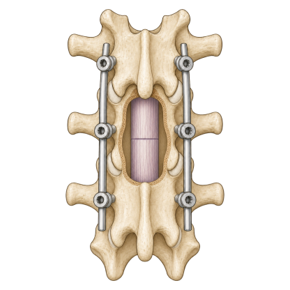 Illustration of a spine stabilized with surgical rods