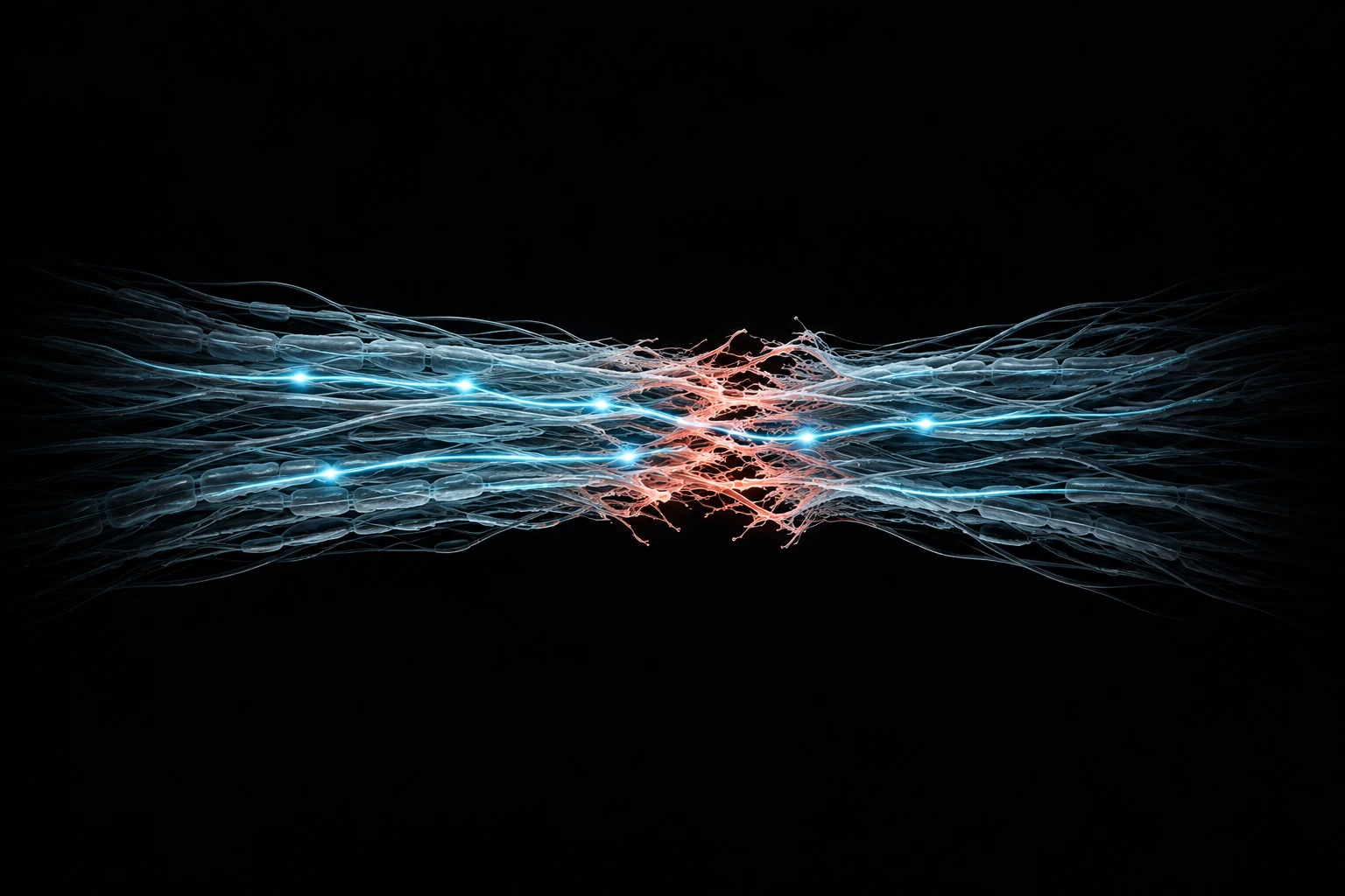 Conceptual illustration of disrupted neural fibers reconnecting across an injury.